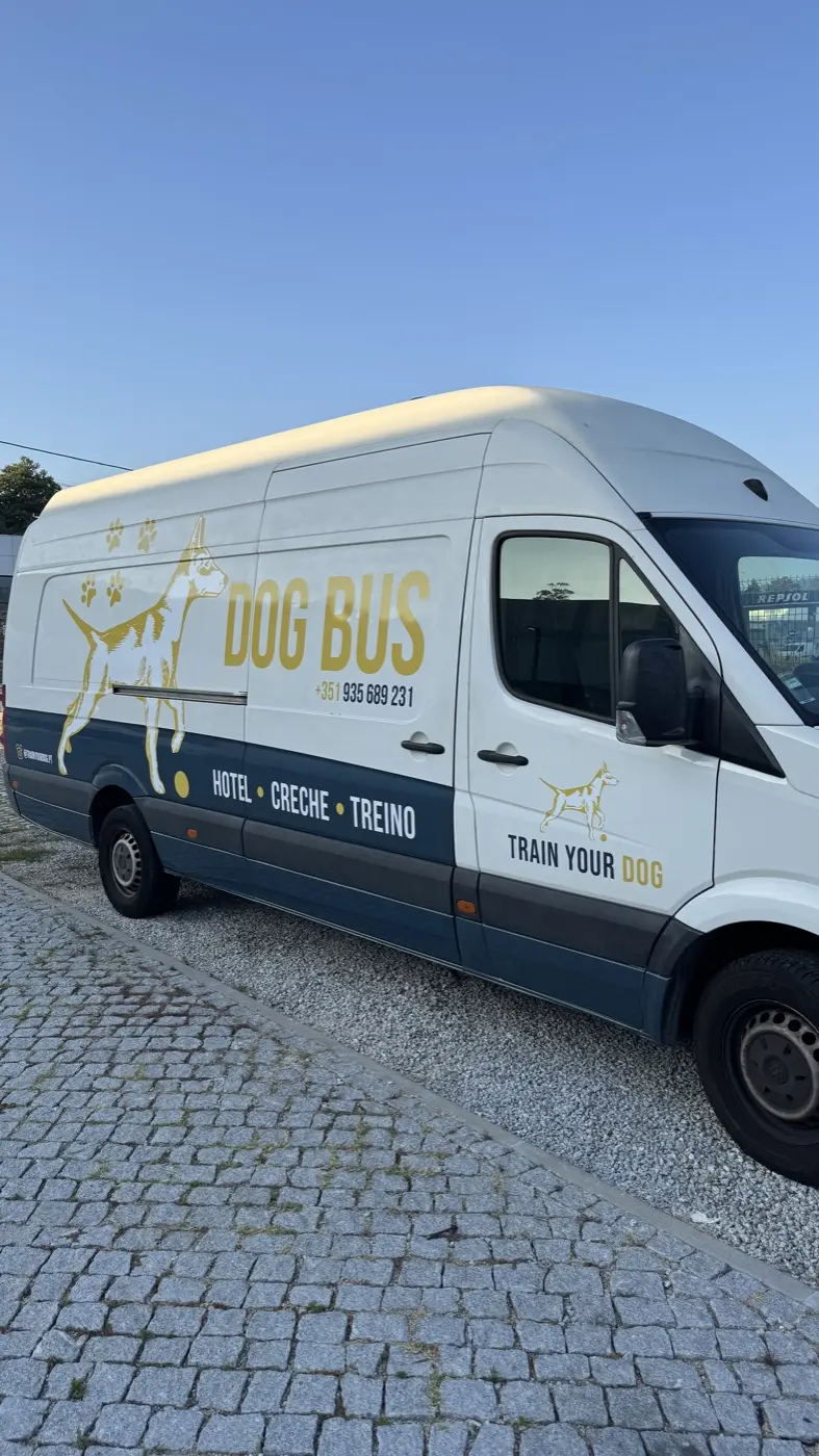 Carrinha Dog Bus da Train Your Dog, com o número do hotel na lateral